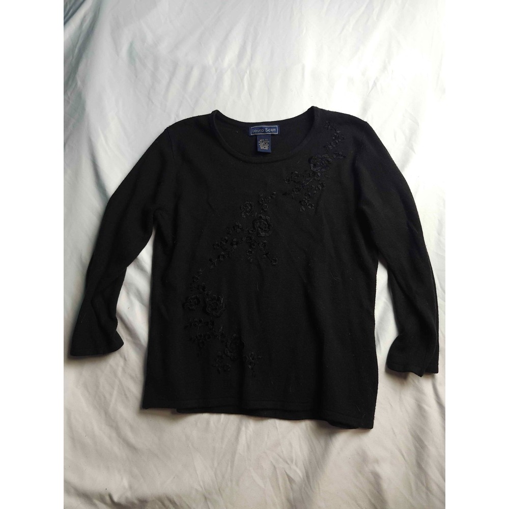 Vintage 90s Laura Scott Top Women M 10-12 Black Floral Embroidered Romantic Boho